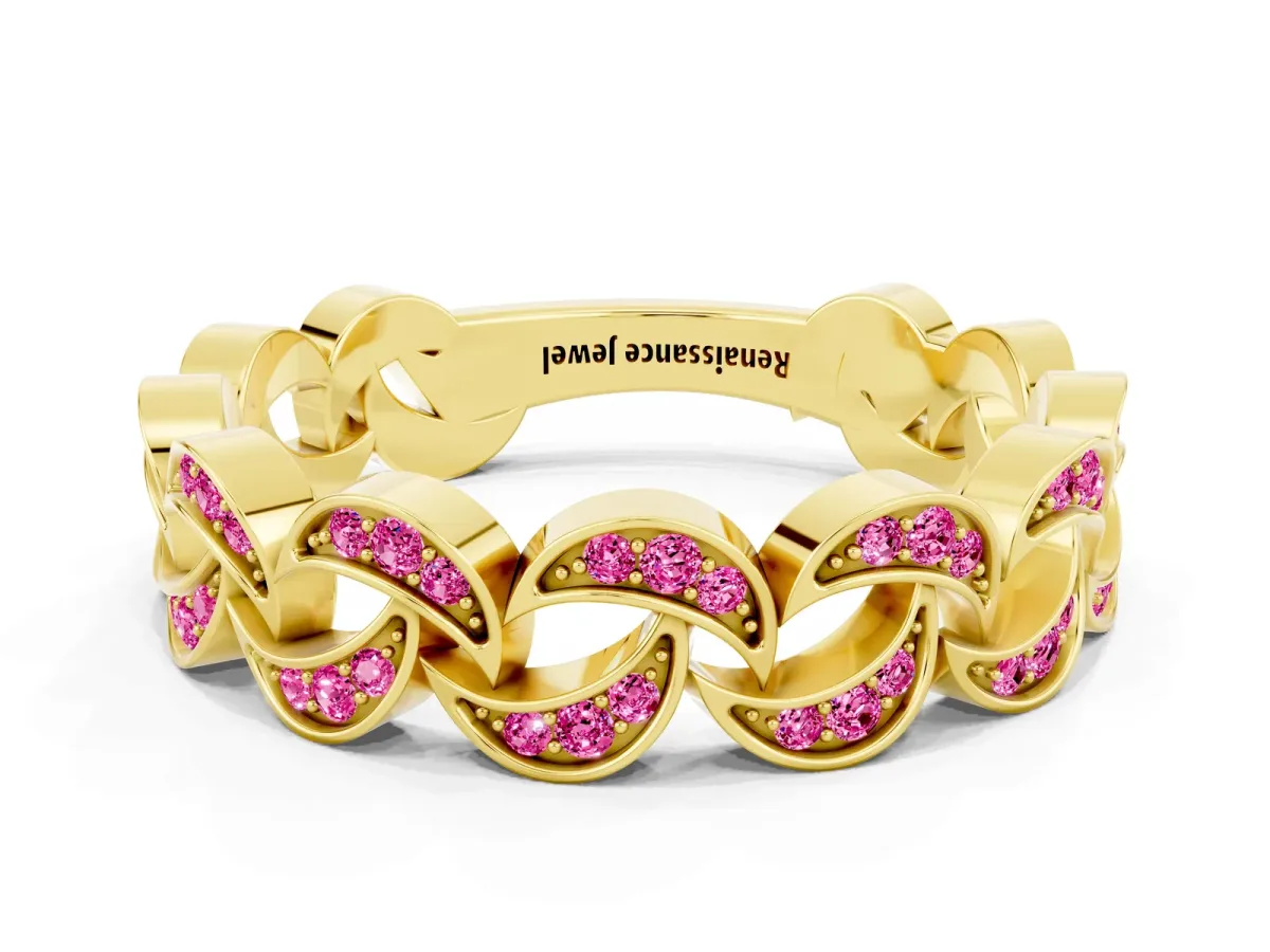 Pavé Round Pink Sapphire Interlocking Eternity Band with Bezel Prong Setting Yellow gold