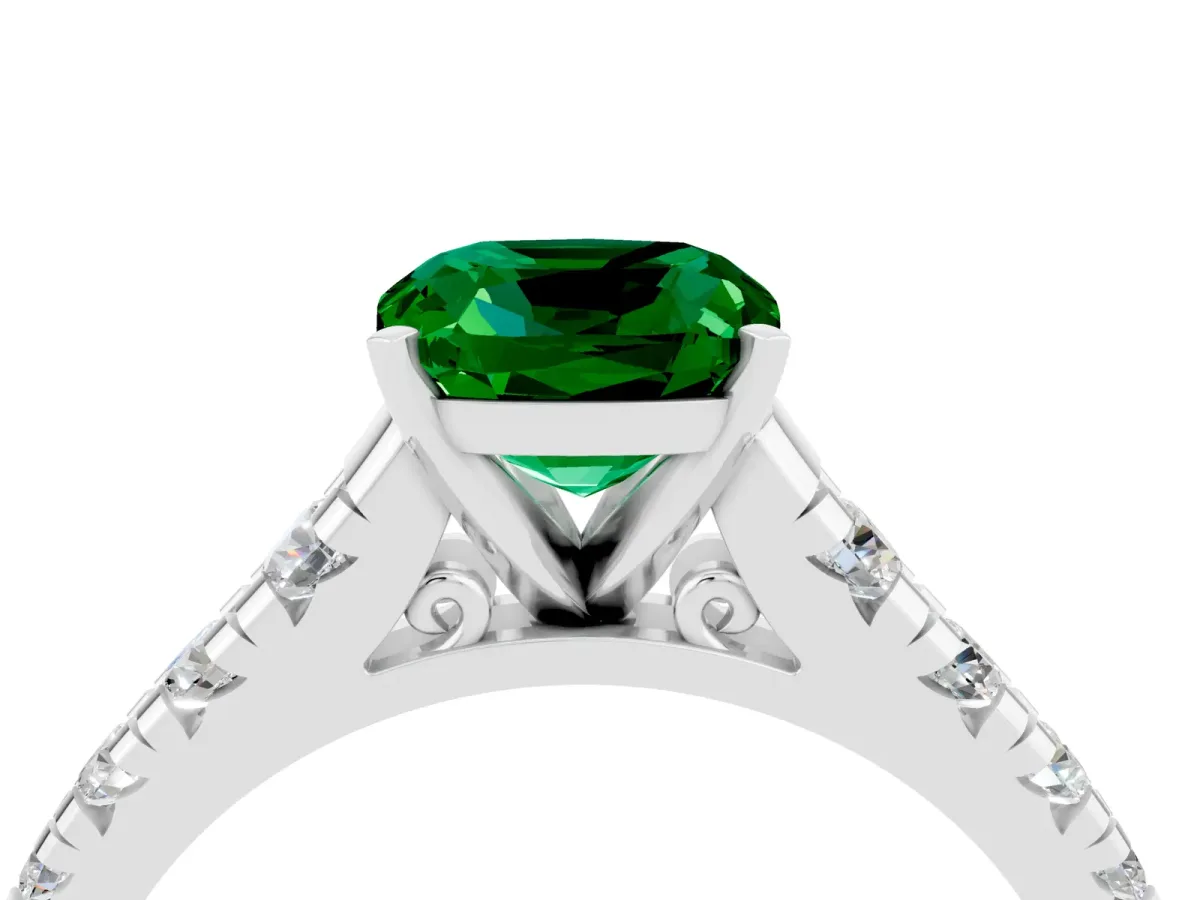Cushion Cut Emerald Cathedral Solitaire Ring with Round Pavé Band Platinum