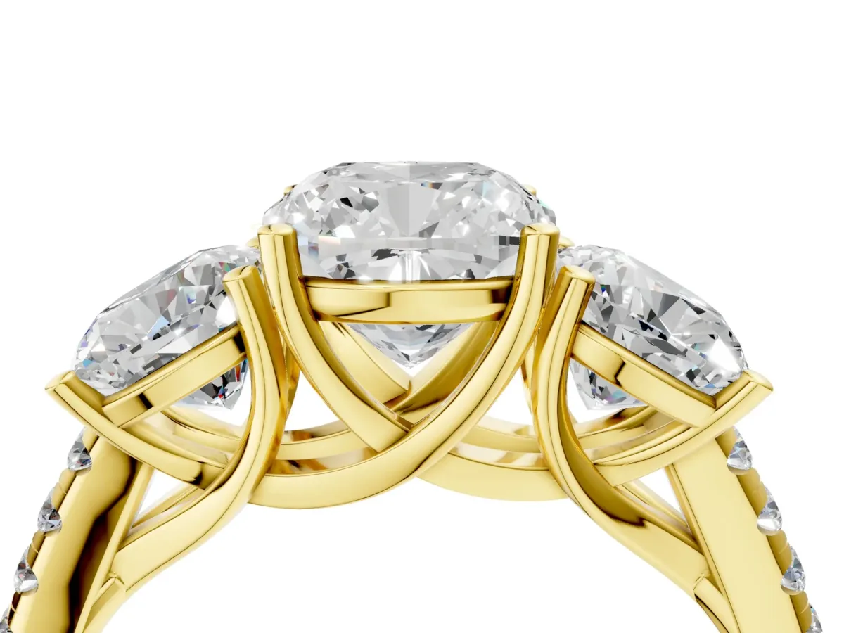 Fancy Black Three-Stone Cushion Cut Diamond Ring with Round Pavé Band and Prong Setting Yellow gold