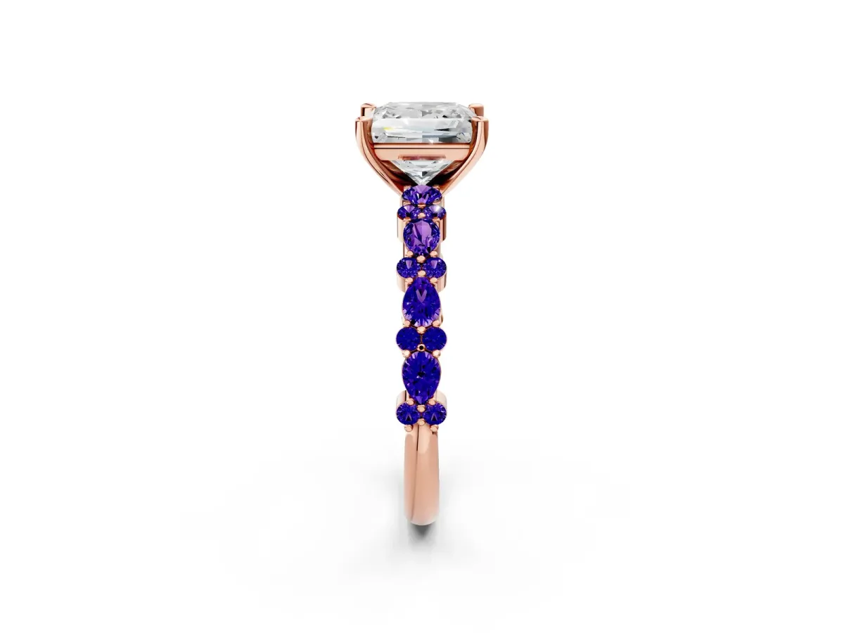 Princess Cut Diamond Side Stone Solitaire Ring with Round Tanzanite and Four-Prong Setting Rose gold