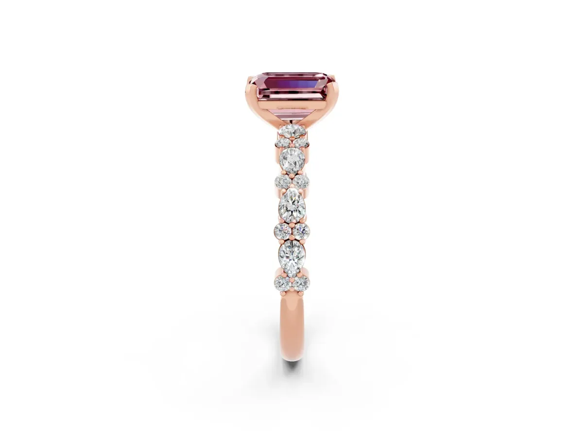Emerald Cut Morganite Side Stone Solitaire Ring with Round and Four-Prong Setting Rose gold