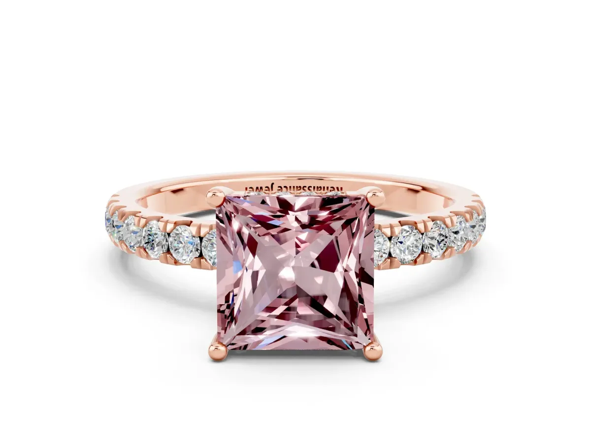 Princess Cut Morganite Pave Band Solitaire Ring with Round and Prong Setting Rose gold