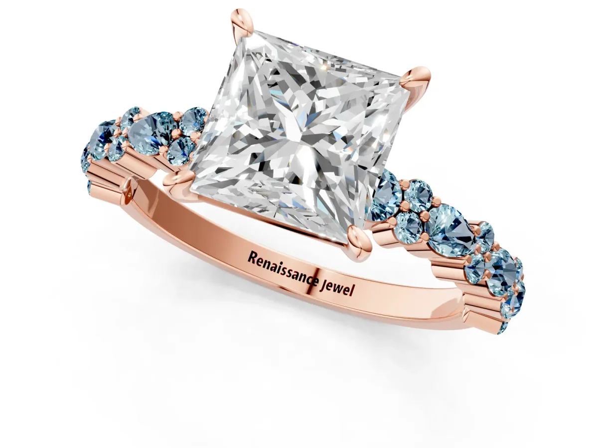 Princess Cut Diamond Side Stone Solitaire Ring with Round Aquamarine and Four-Prong Setting Rose gold