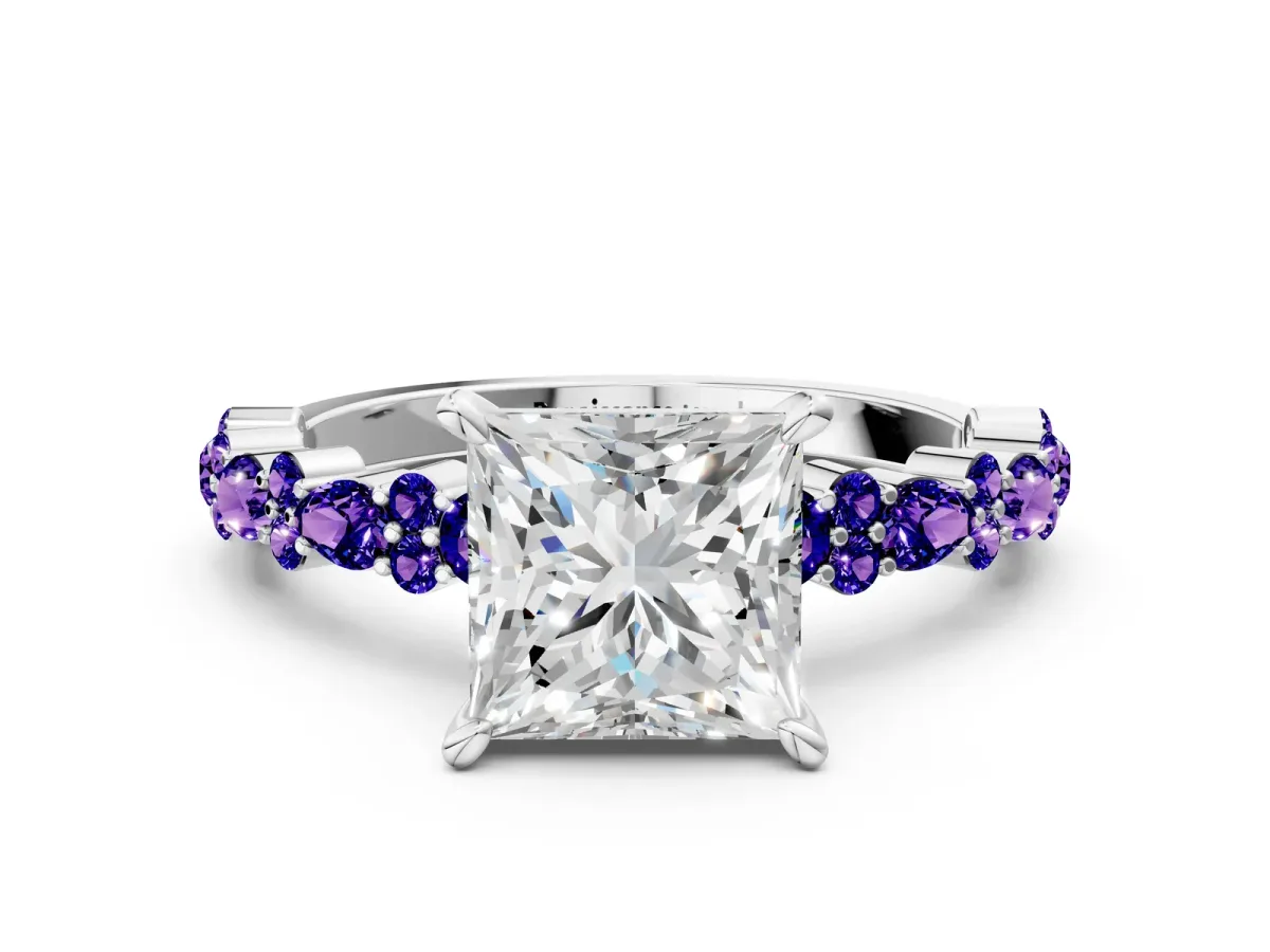 Princess Cut Diamond Side Stone Solitaire Ring with Round Tanzanite and Four-Prong Setting Platinum