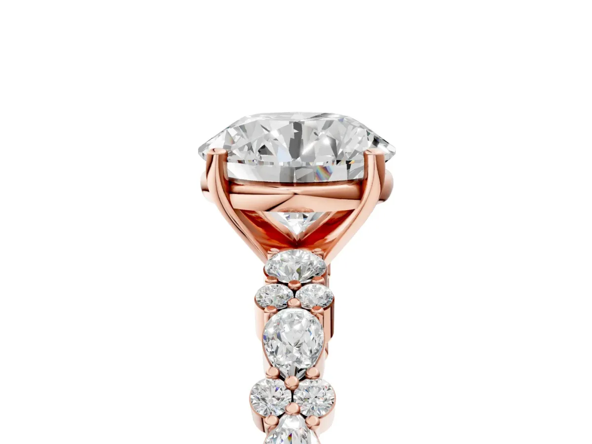 Round Cut Diamond Side Stone Solitaire Ring with Round Moissanite and Four-Prong Setting Rose gold