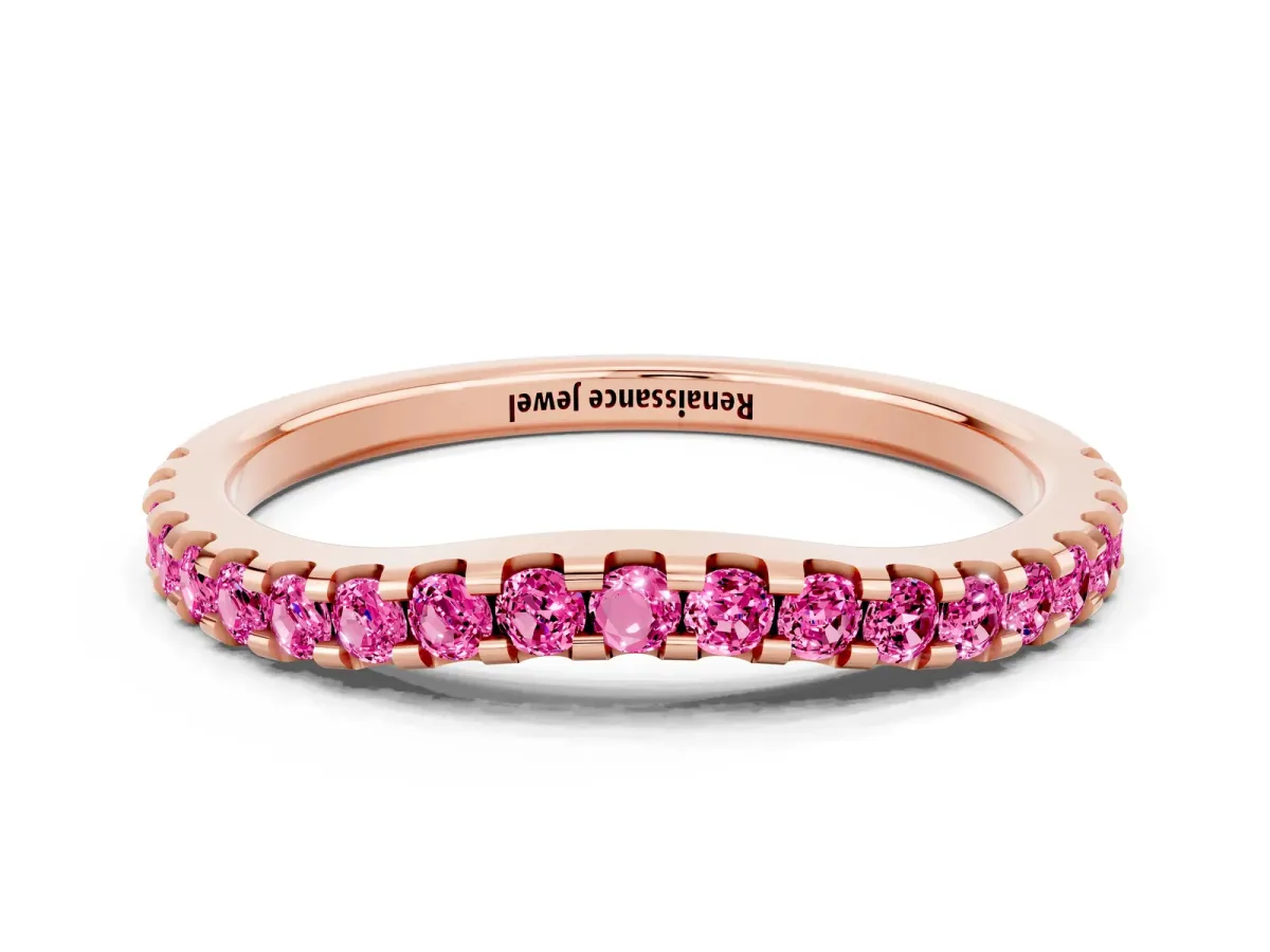 Round Pink Sapphire Pavé Curved Wedding Band Rose gold