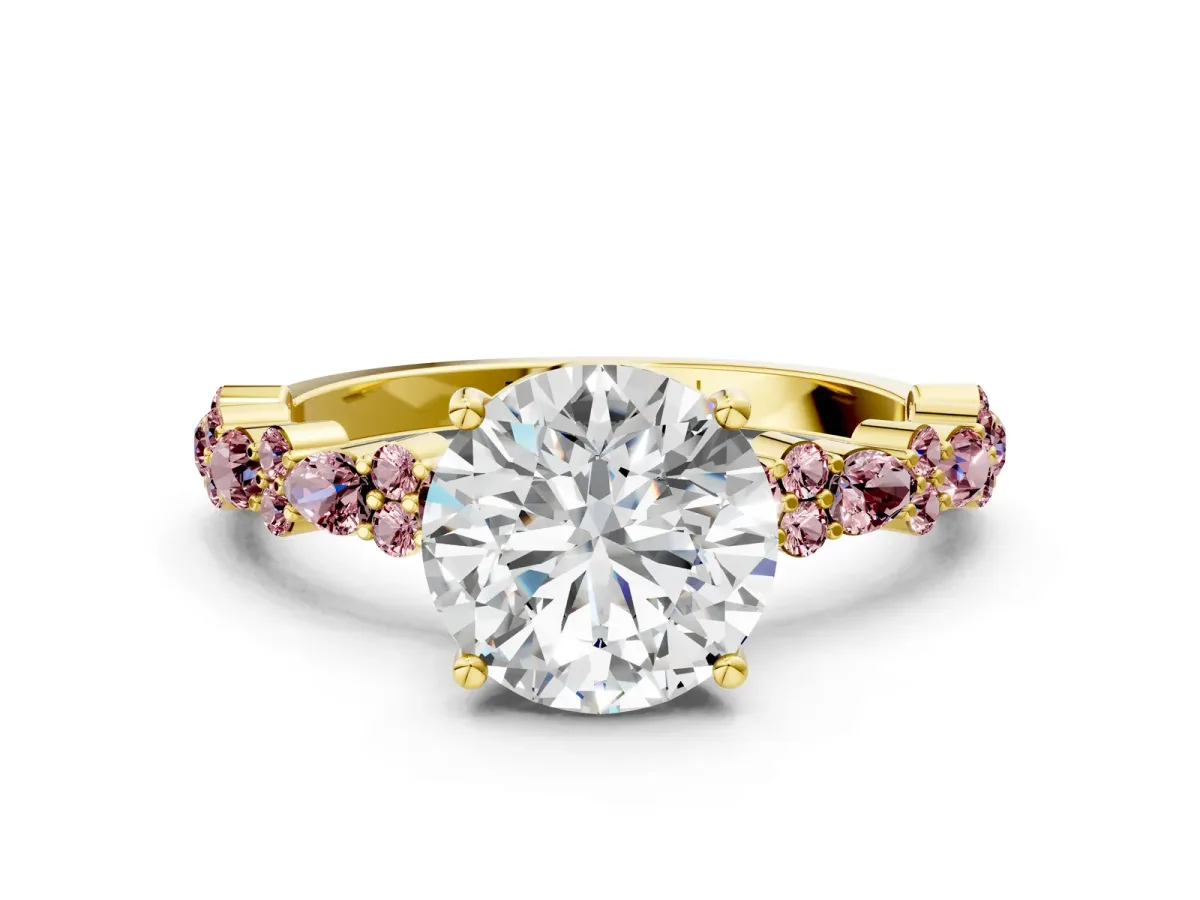 Round Cut Diamond Side Stone Solitaire Ring with Round Morganite and Four-Prong Setting Yellow gold