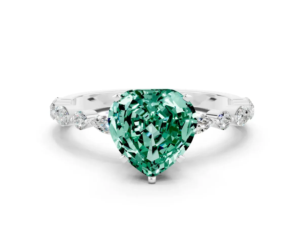Heart Cut Green Sapphire Ring with Marquise and Round Side Stones and Four-Prong Setting Platinum