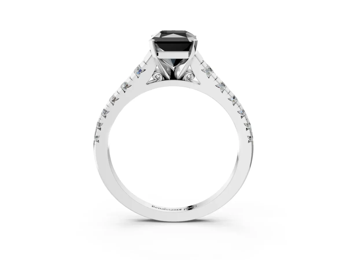 Fancy Black Radiant Cut Diamond Cathedral Solitaire Ring with Round Pavé Band Silver