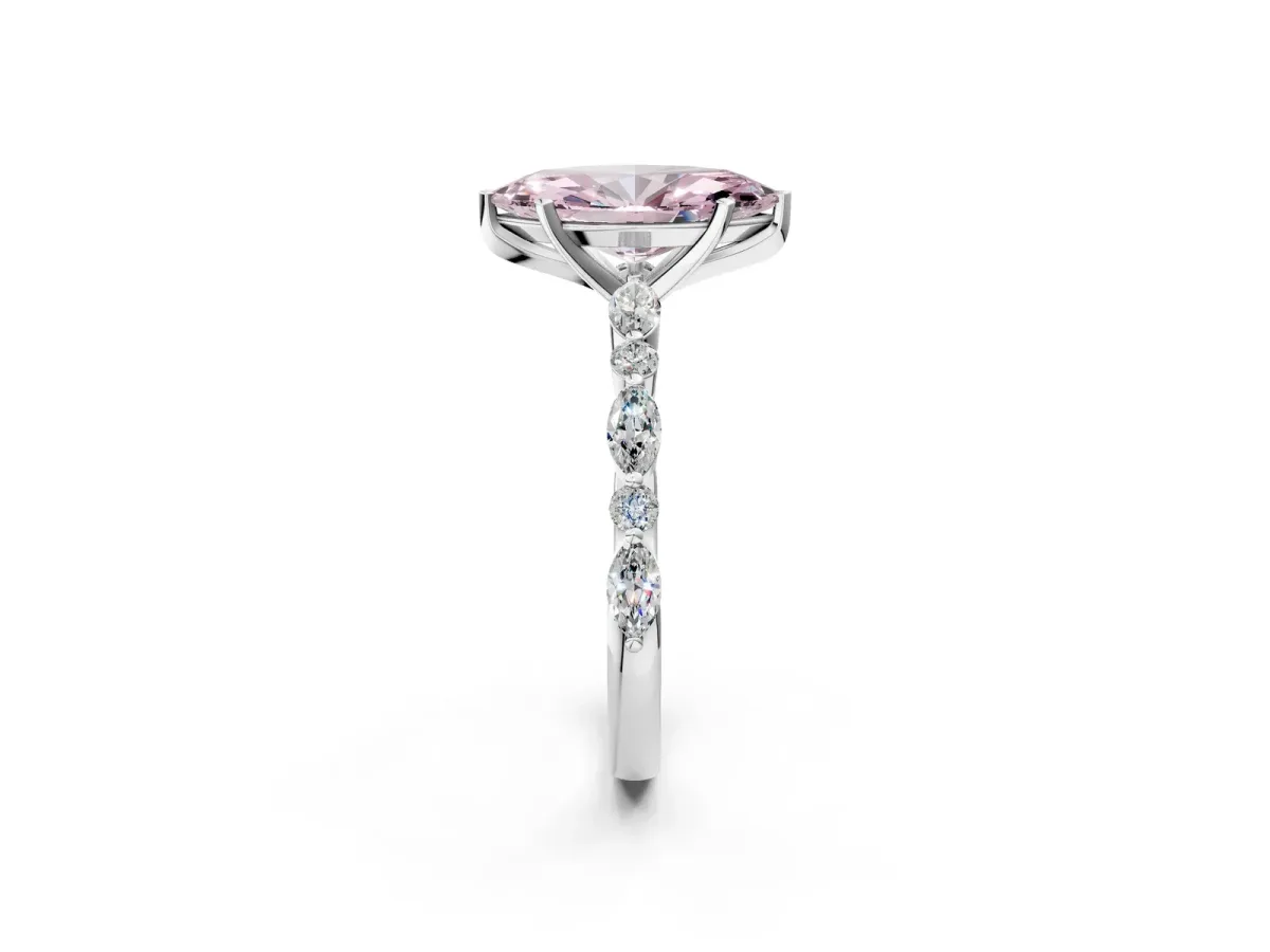 Fancy Pink Marquise Cut Diamond Ring with Marquise and Round Side Stones and Four-Prong Setting Silver