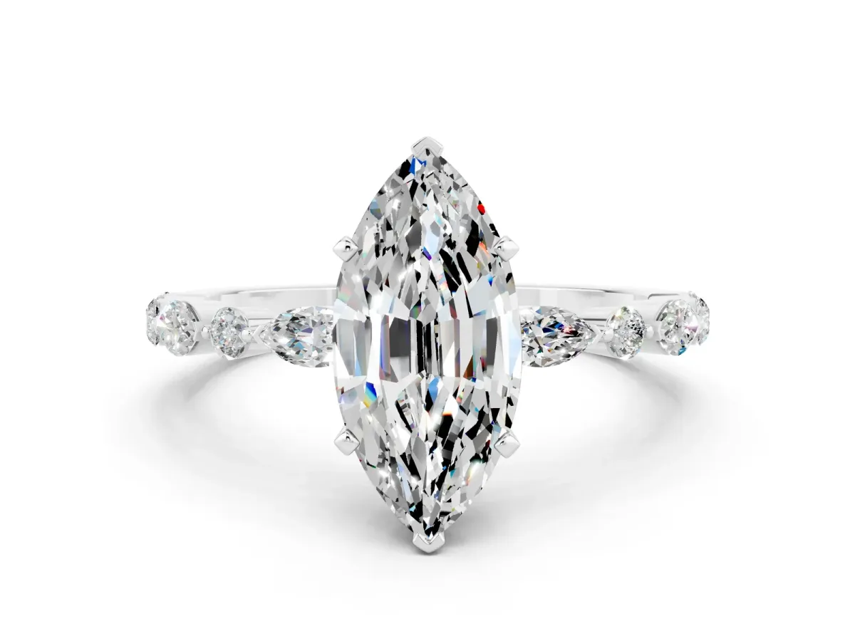 Marquise Cut Moissanite Ring with Marquise and Round Side Stones and Four-Prong Setting Silver