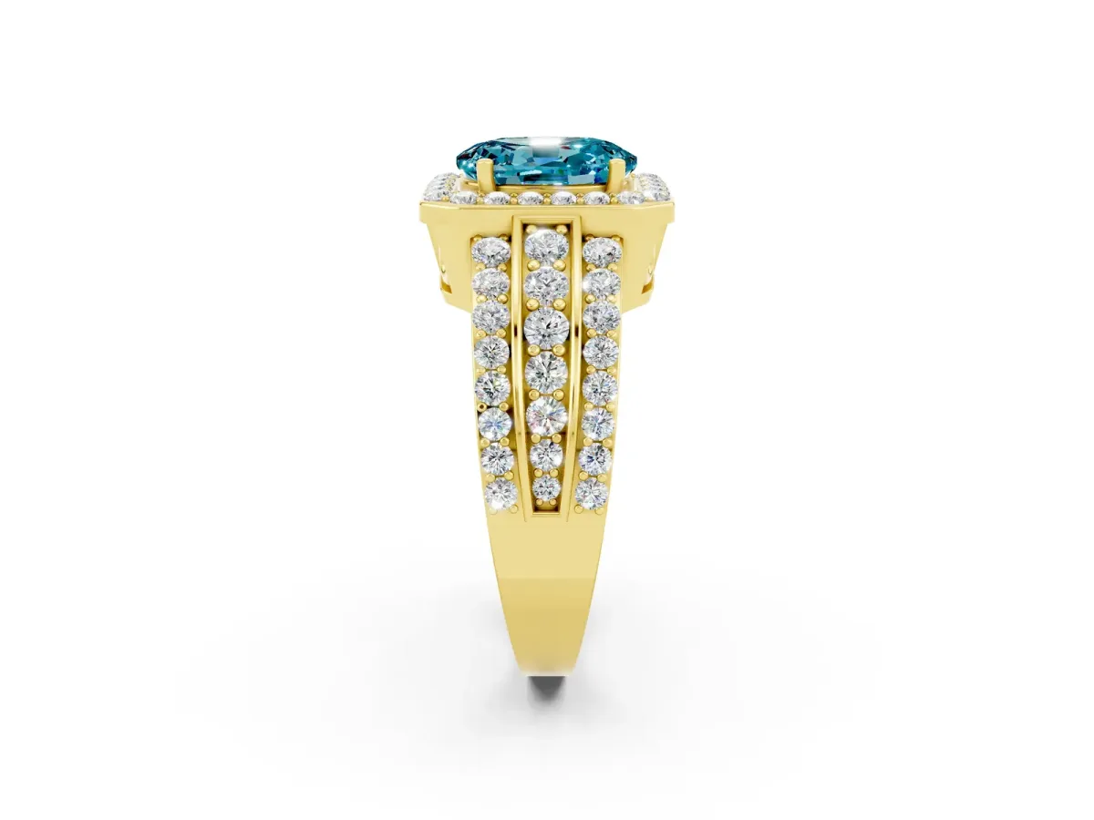 Oval Cut Halo Blue Topaz Ring with Round Split Shank and Prong Setting Yellow gold