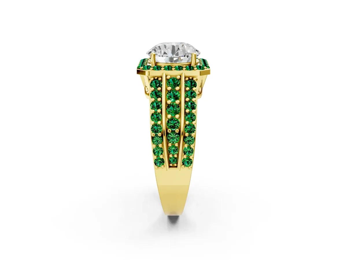 Round Cut Halo Diamond Ring with Round Emerald Split Shank and Prong Setting Yellow gold