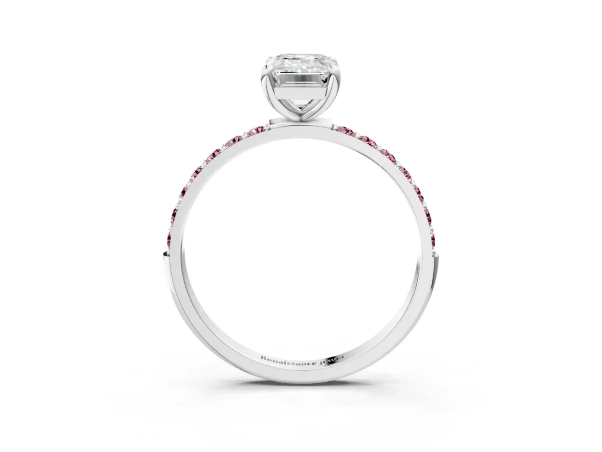 Emerald Cut Diamond Solitaire Ring with Round Morganite Pavé Band and Prong Setting Silver