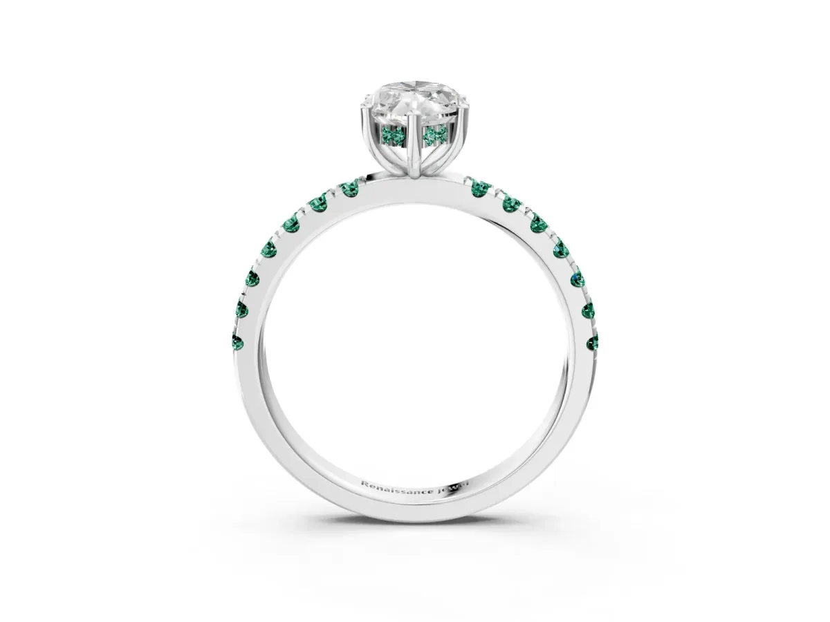 Marquise Cut Diamond Pave Band Solitaire Ring with Round Green Sapphire and Prong Setting Silver