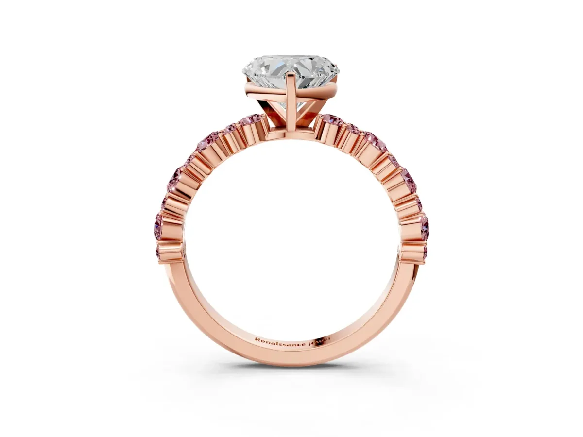 Heart Cut Diamond Side Stone Solitaire Ring with Round Morganite and Four-Prong Setting Rose gold