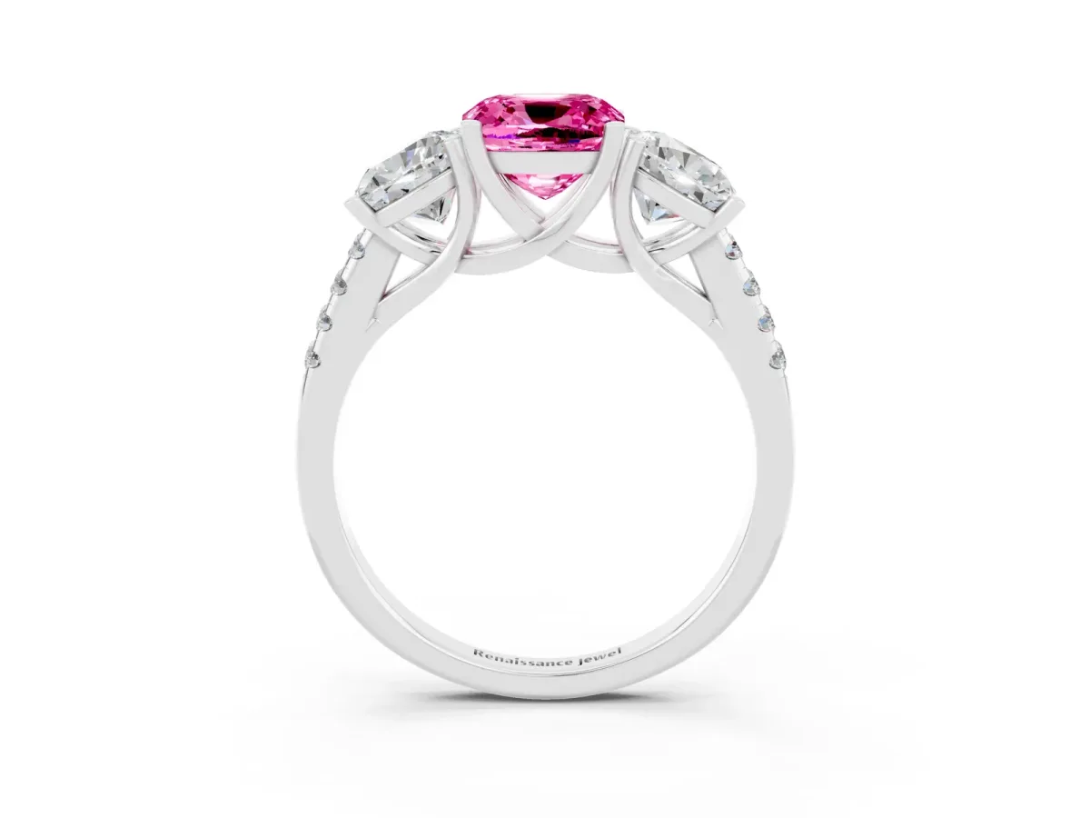Three-Stone Cushion Cut Pink Sapphire Ring with Round Pavé Band and Prong Setting Platinum