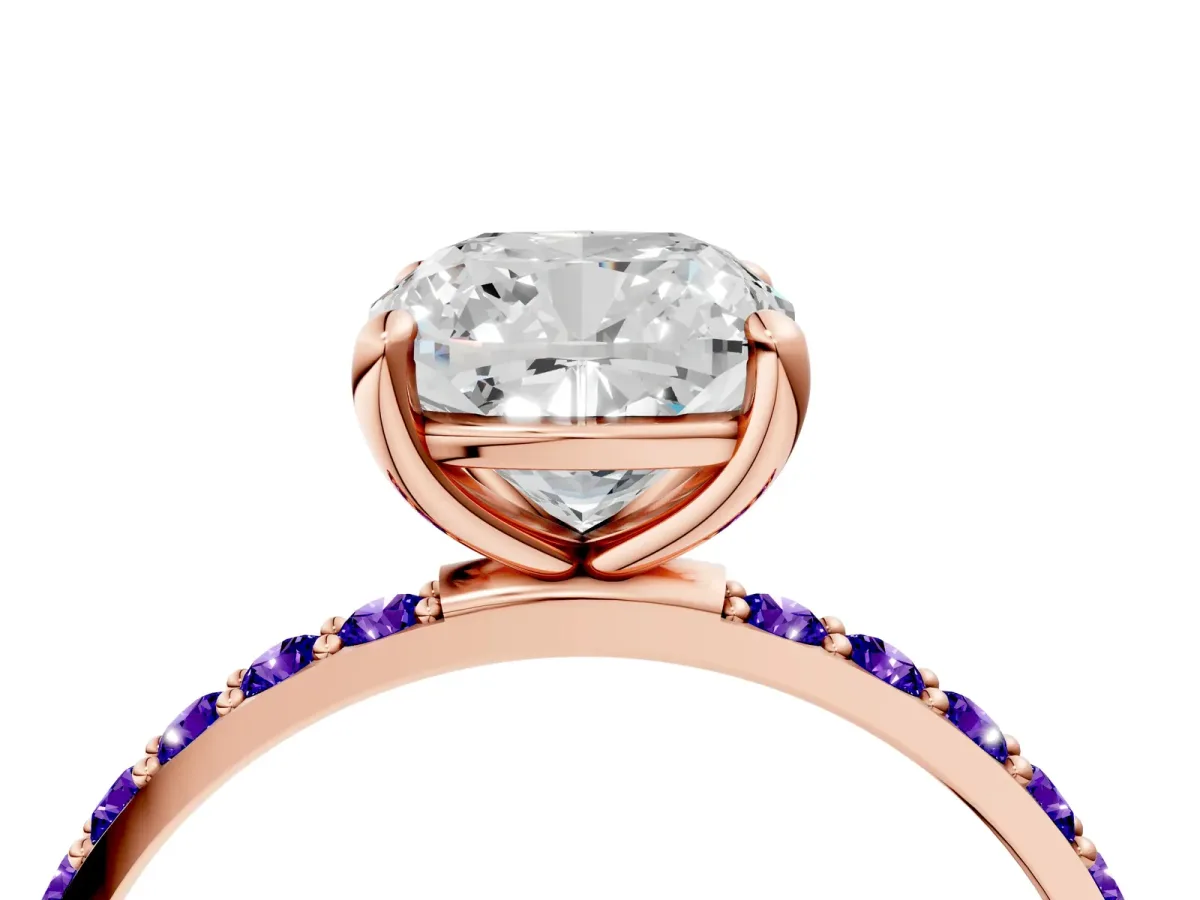 Cushion Cut Diamond Solitaire Ring with Round Tanzanite Pavé Band and Prong Setting Rose gold
