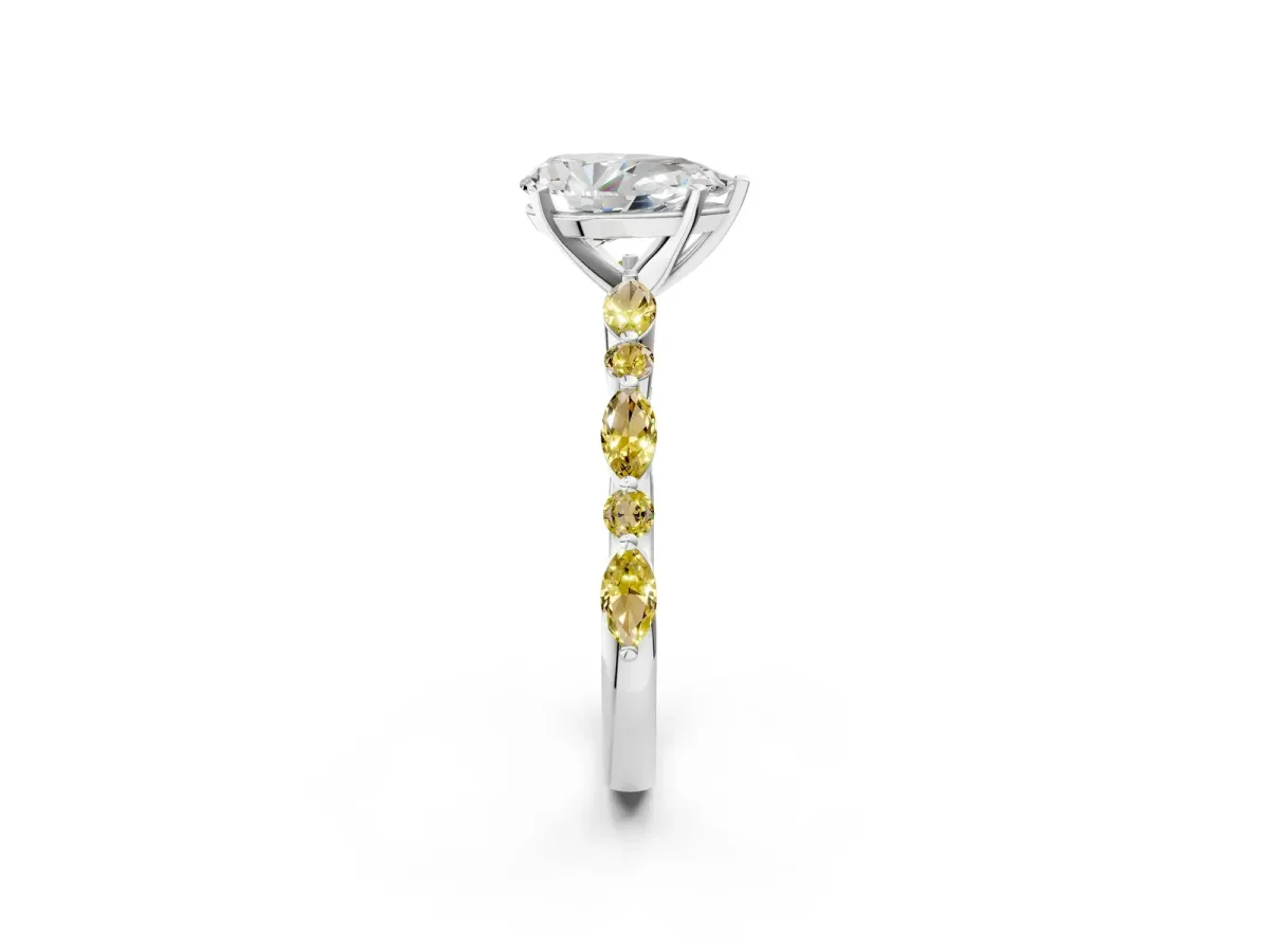 Pear Cut Diamond Ring with Marquise and Round Yellow Sapphire Side Stones and Four-Prong Setting Silver