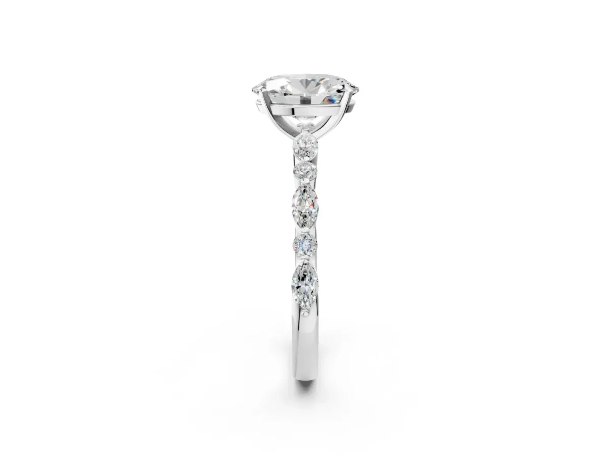 Oval Cut Diamond Ring with Marquise and Round Moissanite Side Stones and Four-Prong Setting Silver