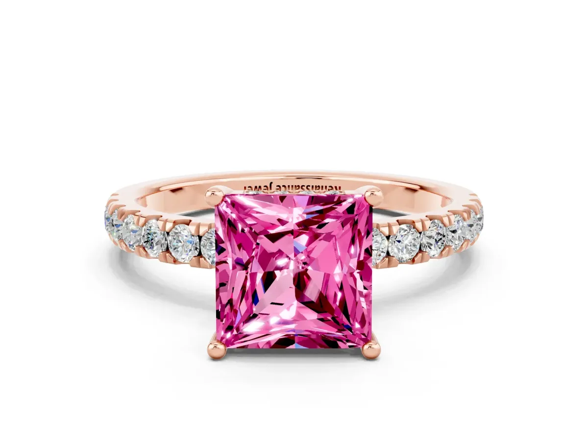 Princess Cut Pink Sapphire Pave Band Solitaire Ring with Round and Prong Setting Rose gold