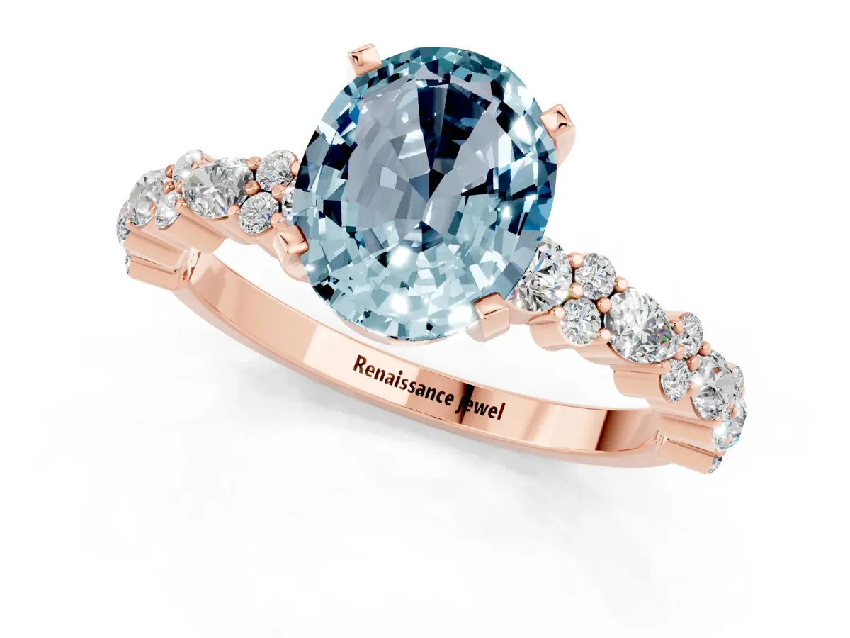 Oval Cut Aquamarine Side Stone Solitaire Ring with Round and Four-Prong Setting Rose gold