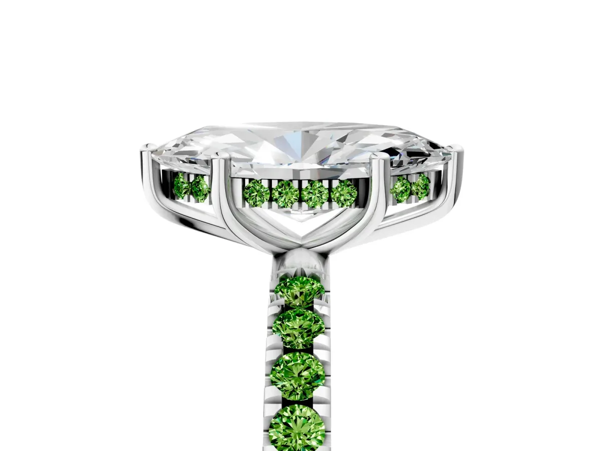Marquise Cut Diamond Pave Band Solitaire Ring with Round Peridot and Prong Setting White gold