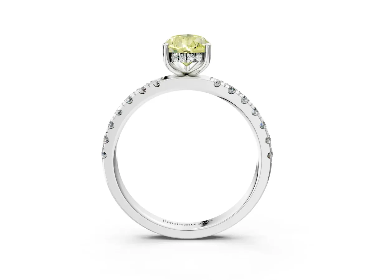 Fancy Yellow Pear Cut Diamond Pave Band Solitaire Ring with Round and Prong Setting White gold