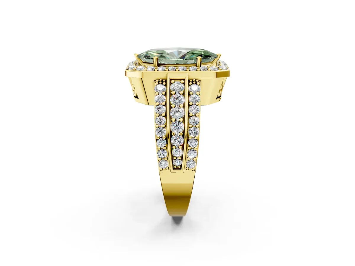 Fancy Green Marquise Cut Halo Diamond Ring with Round Split Shank and Prong Setting Yellow gold