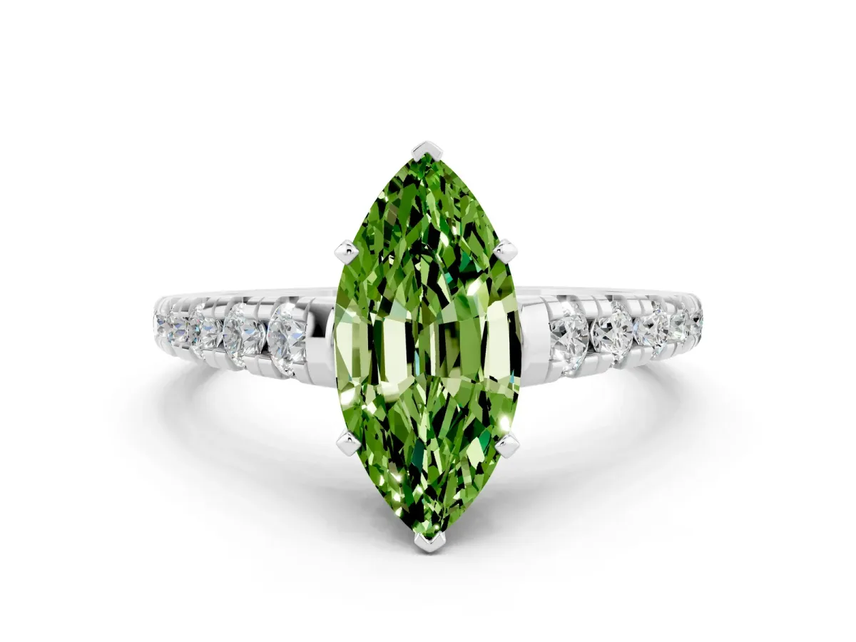 Marquise Cut Peridot Cathedral Solitaire Ring with Round Pavé Band Platinum