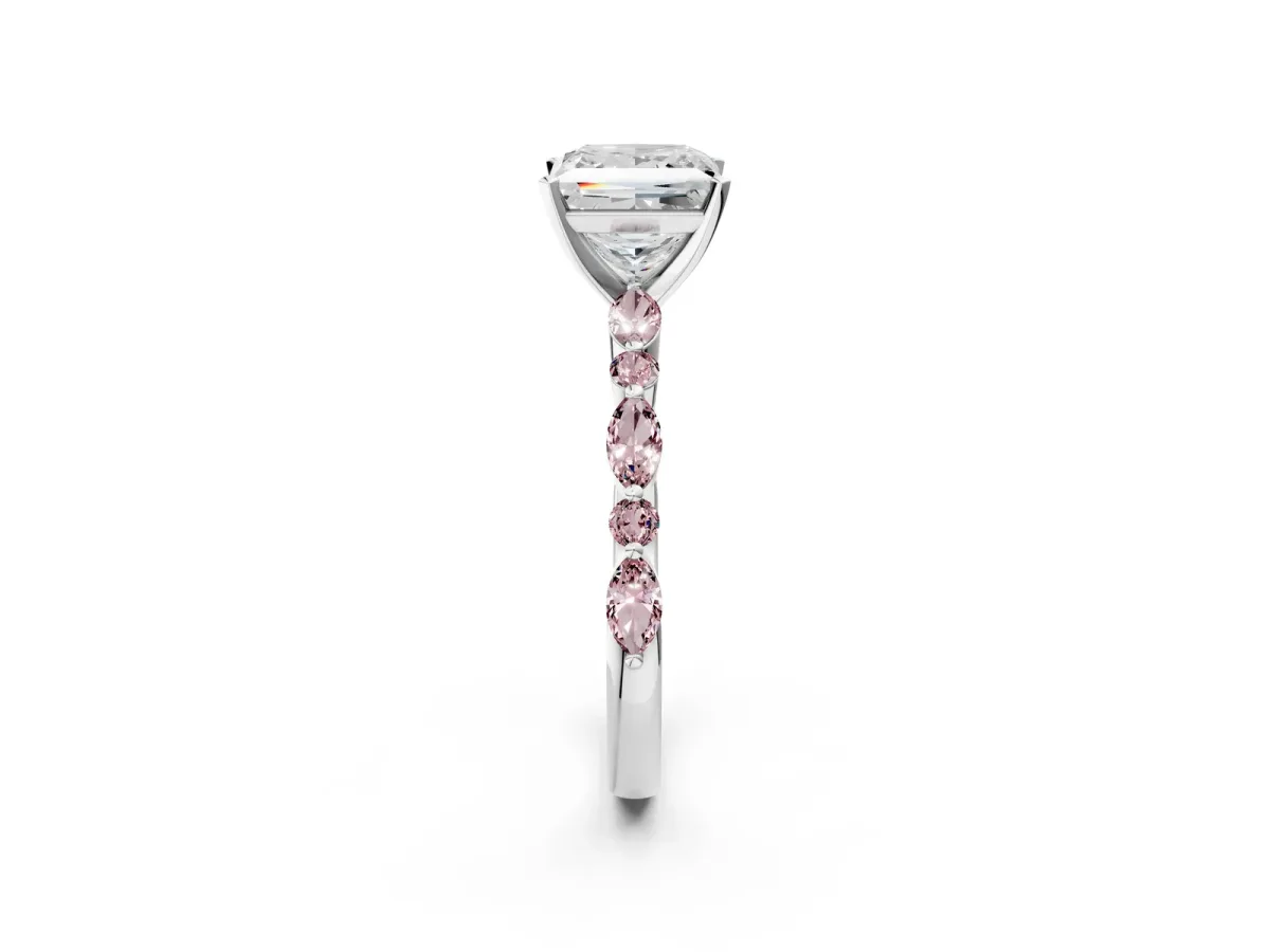 Princess Cut Diamond Ring with Marquise and Round Morganite Side Stones and Four-Prong Setting Silver