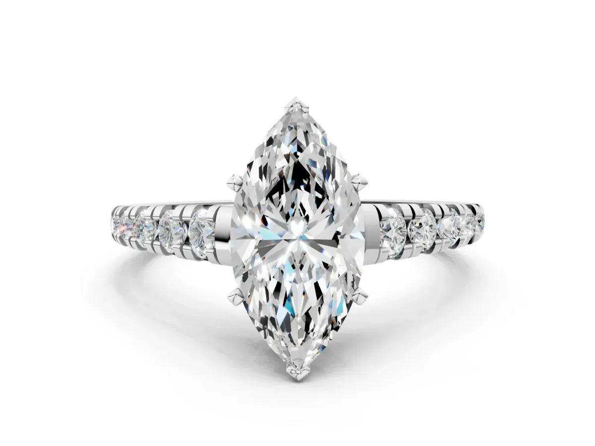 Marquise Cut Diamond Cathedral Solitaire Ring with Round Moissanite Pavé Band Platinum