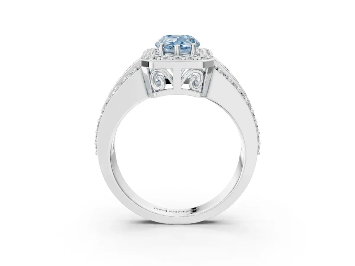 Fancy Blue Pear Cut Halo Diamond Ring with Round Split Shank and Prong Setting White gold