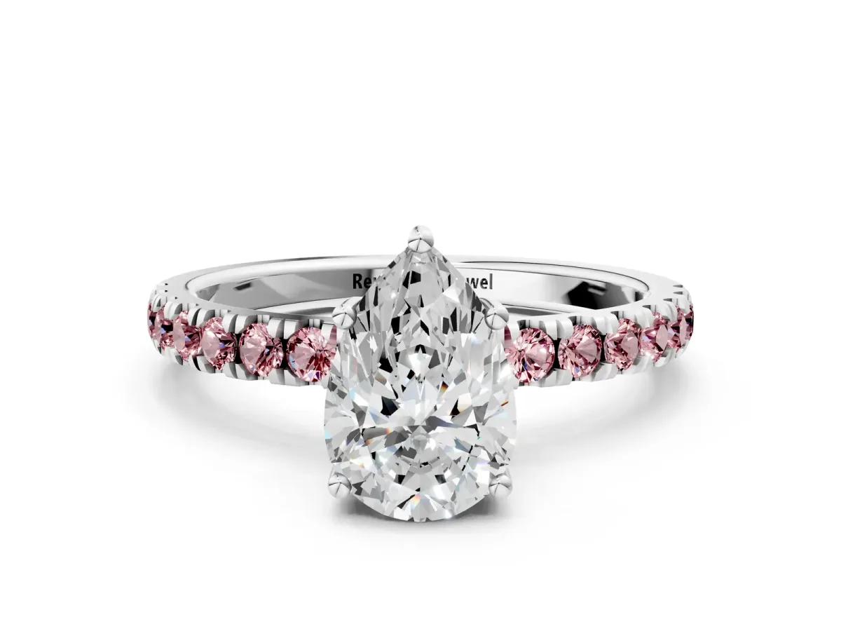 Pear Cut Diamond Pave Band Solitaire Ring with Round Morganite and Prong Setting Platinum