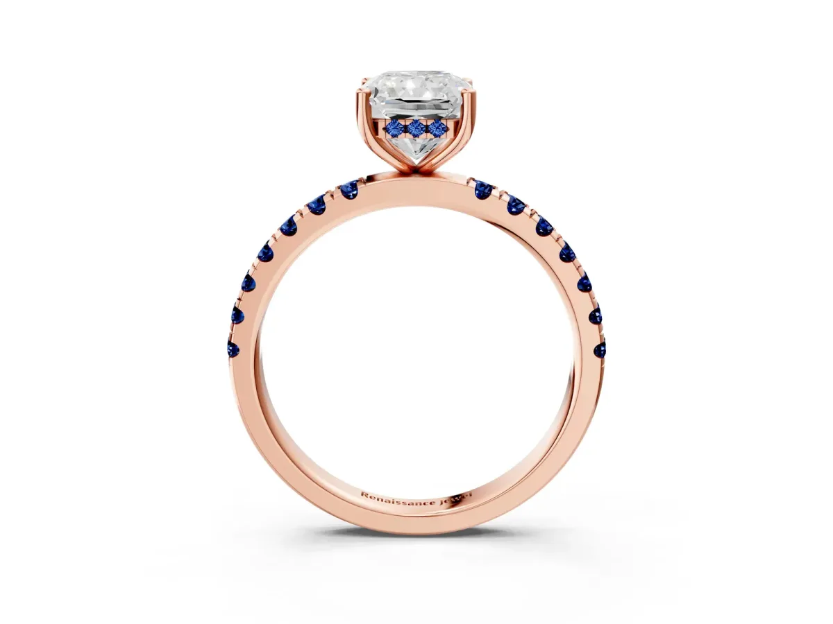 Radiant Cut Diamond Pave Band Solitaire Ring with Round Blue Sapphire and Prong Setting Rose gold