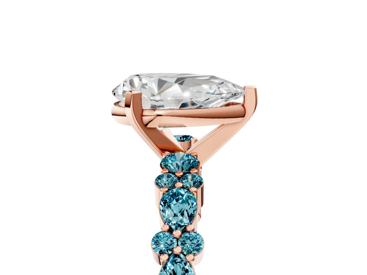 Pear Cut Diamond Side Stone Solitaire Ring with Round Blue Topaz and Four-Prong Setting Rose gold