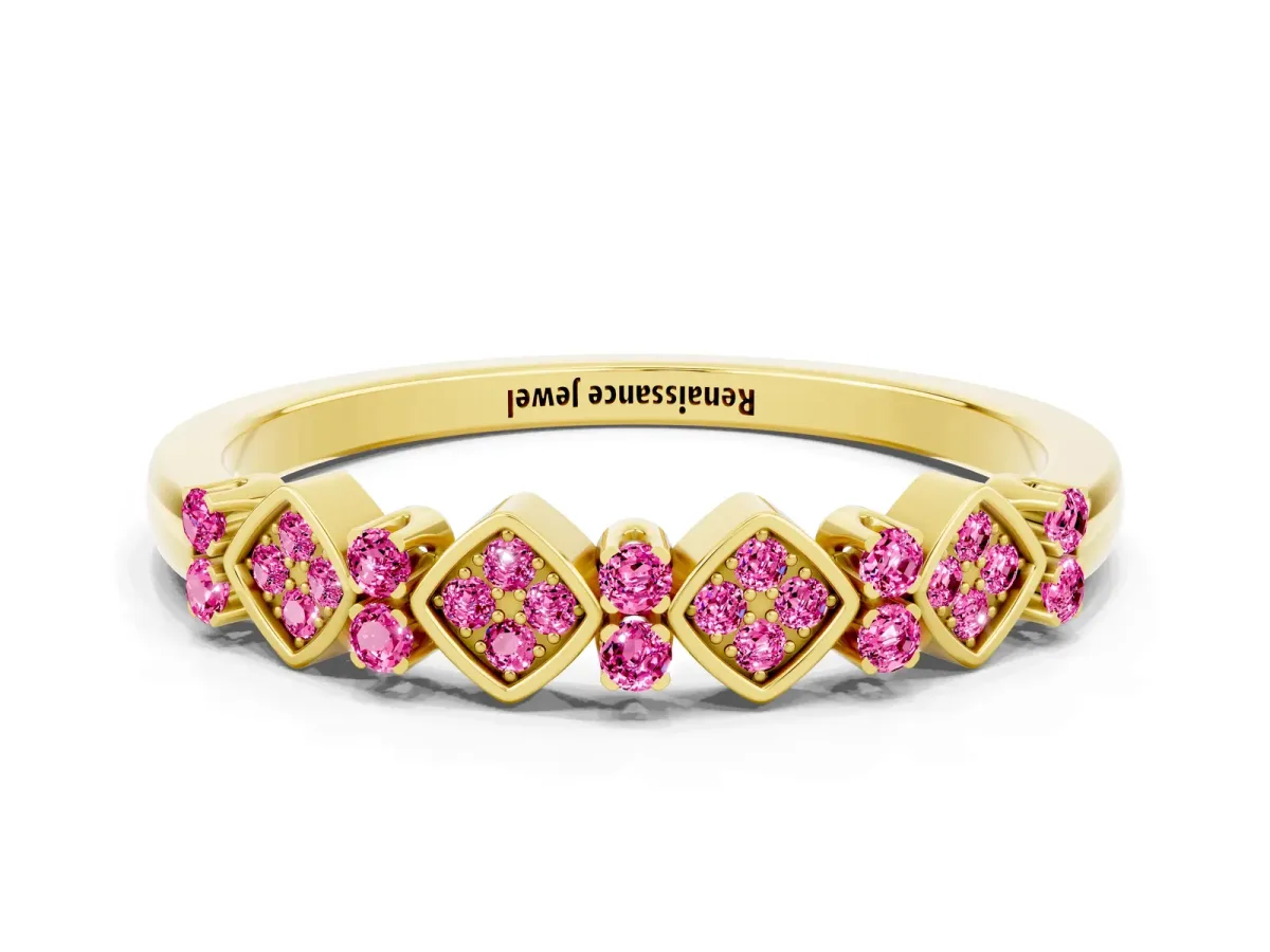 Pavé Cushion Pink Sapphire Cluster Eternity Band with Prong Setting Yellow gold