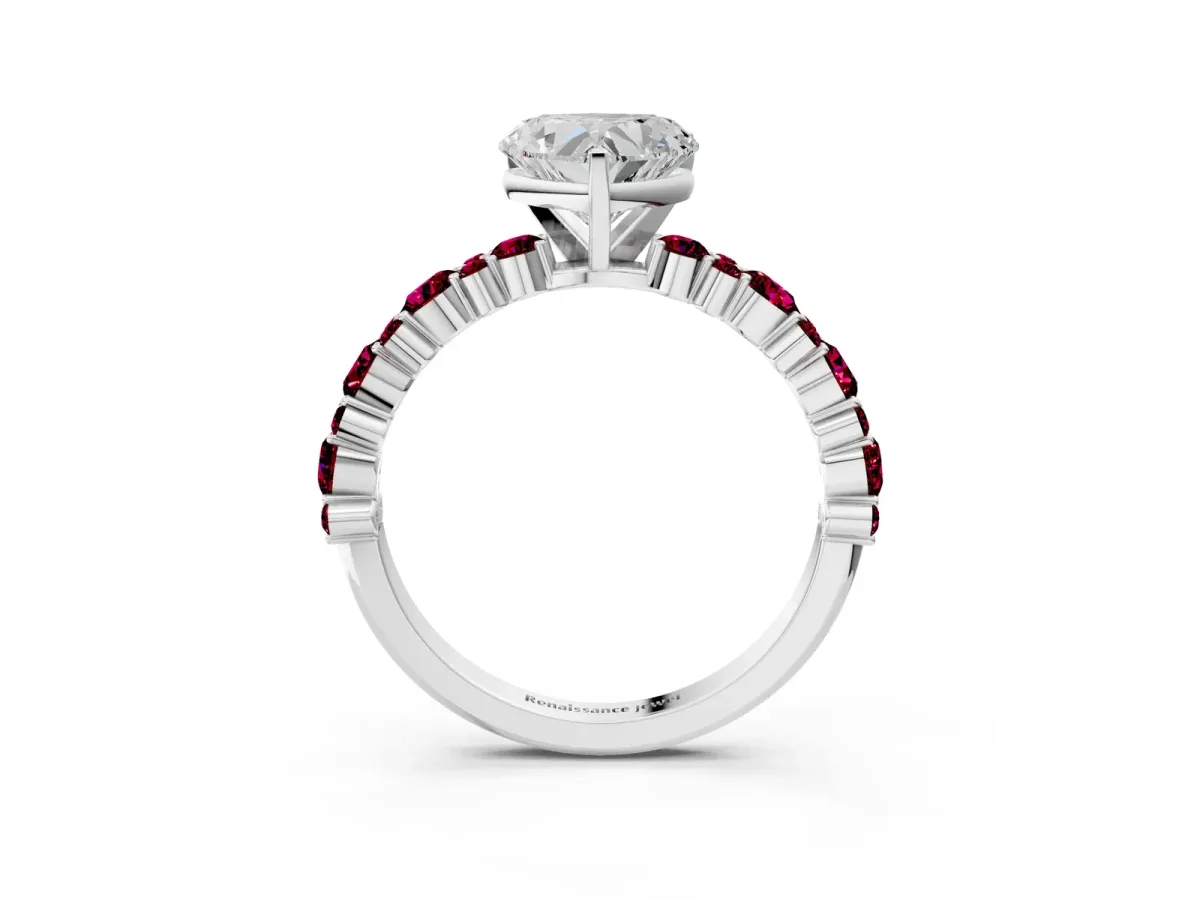Heart Cut Diamond Side Stone Solitaire Ring with Round Garnet and Four-Prong Setting Platinum