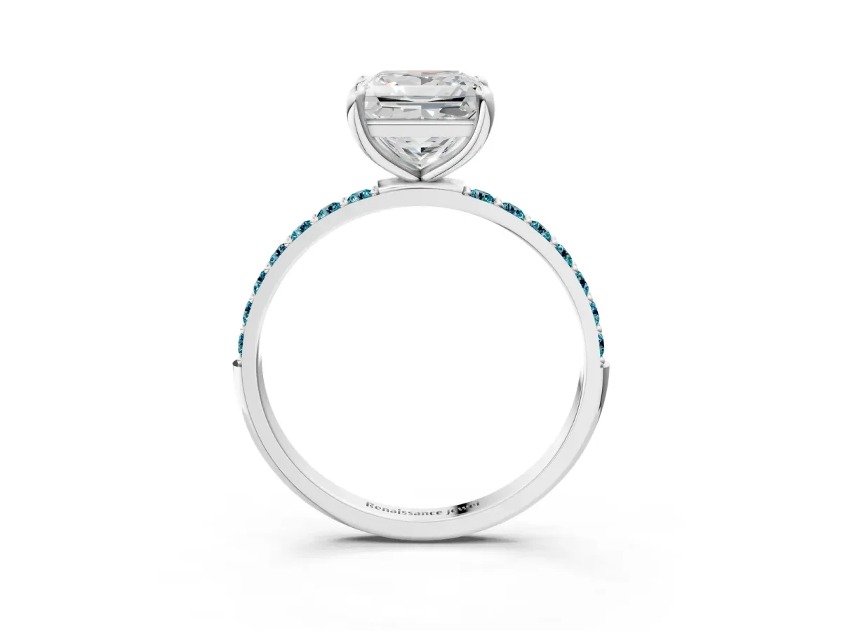 Princess Cut Diamond Solitaire Ring with Round Blue Topaz Pavé Band and Prong Setting Silver
