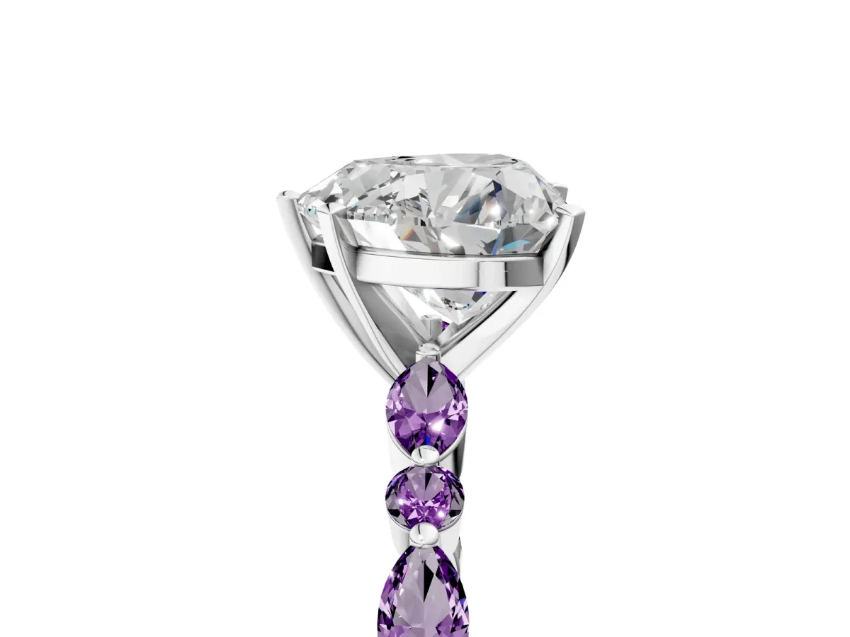 Heart Cut Diamond Ring with Marquise and Round Amethyst Side Stones and Four-Prong Setting Silver