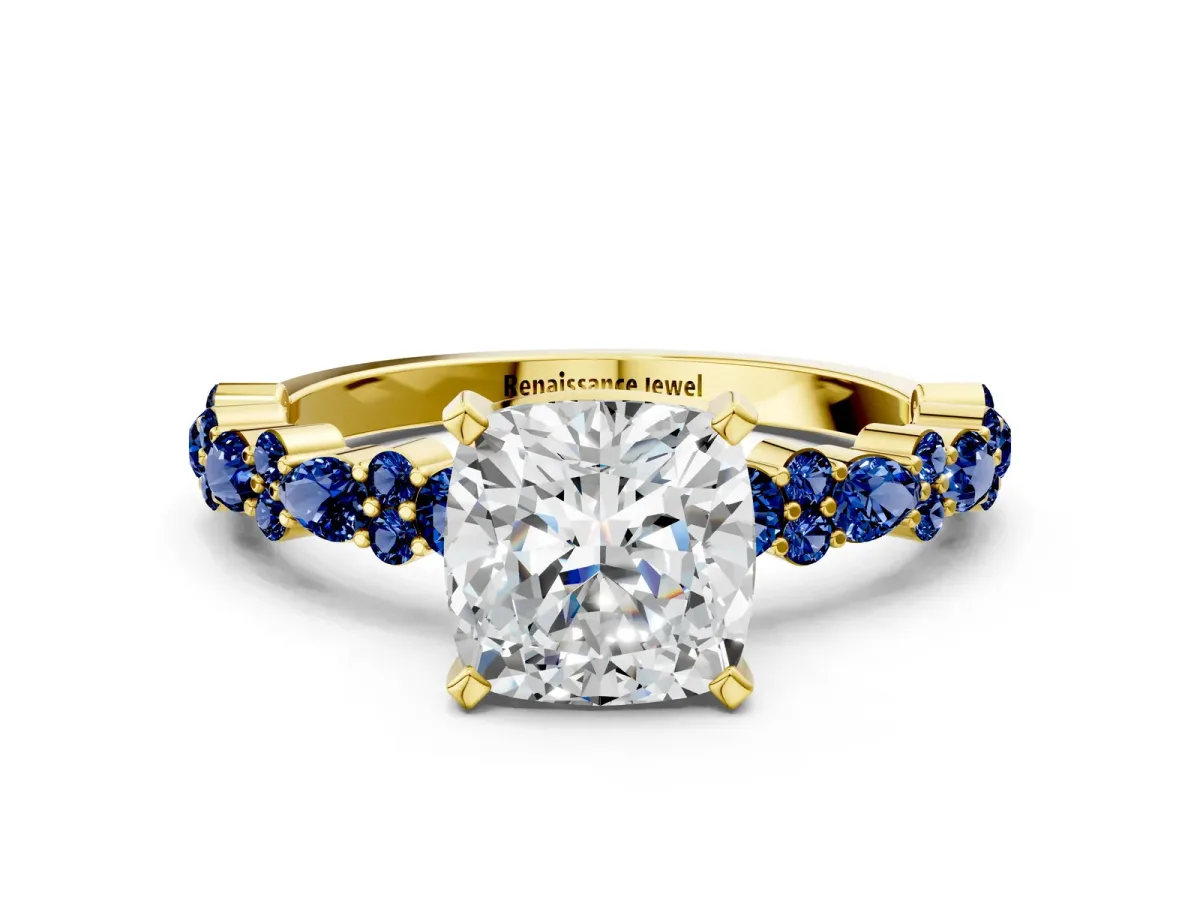 Cushion Cut Diamond Side Stone Solitaire Ring with Round Blue Sapphire and Four-Prong Setting Yellow gold