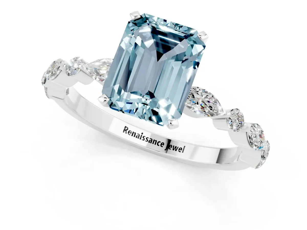 Emerald Cut Aquamarine Ring with Marquise and Round Side Stones and Four-Prong Setting Platinum