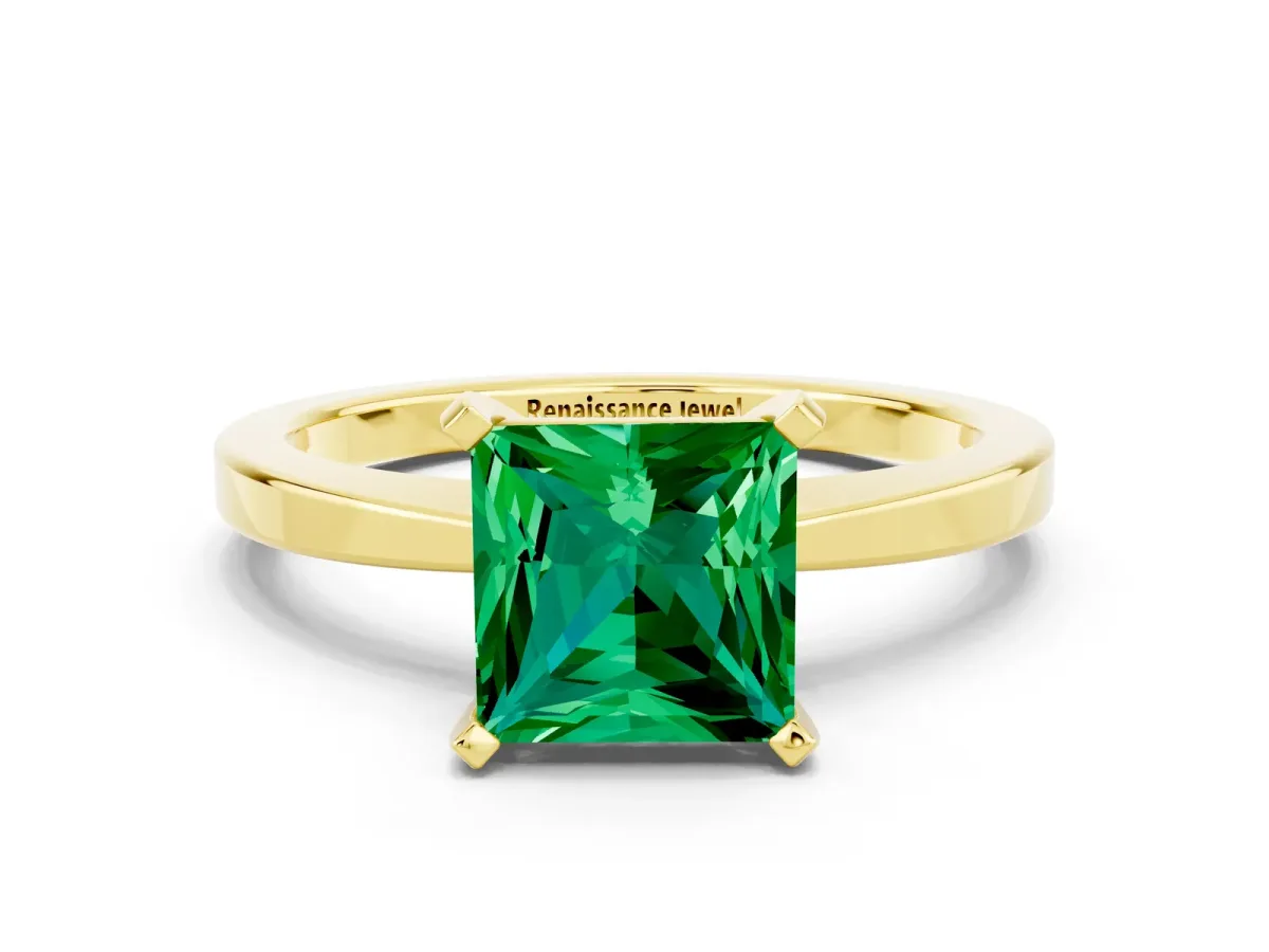 Princess Cut Emerald Solitaire Engagement Ring with Classic Band and Four-Prong Setting Yellow gold