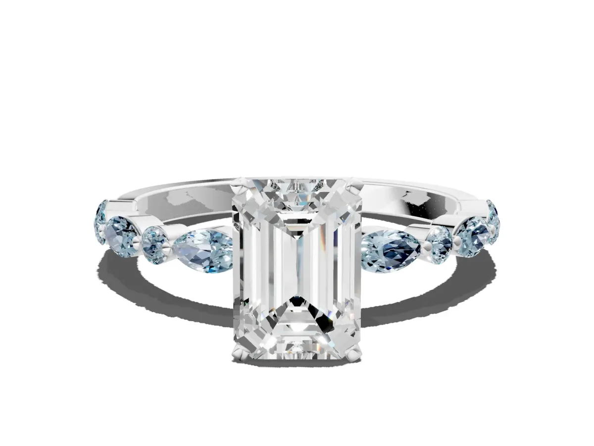 Emerald Cut Diamond Ring with Marquise and Round Aquamarine Side Stones and Four-Prong Setting Silver
