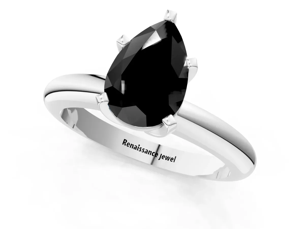 Fancy Black Pear Cut Diamond Solitaire Engagement Ring with Round Band and Four-Prong Setting White gold
