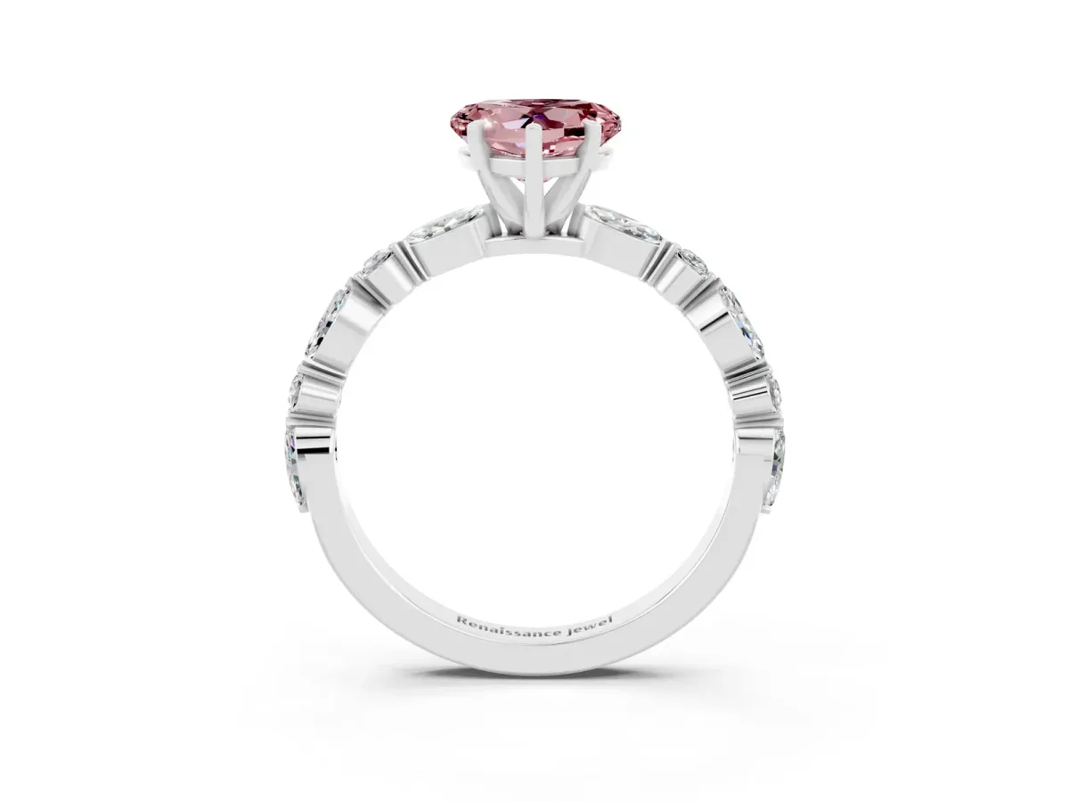 Heart Cut Morganite Ring with Marquise and Round Side Stones and Four-Prong Setting Silver