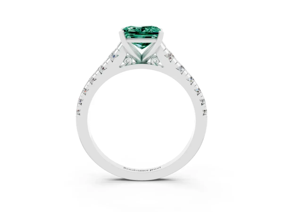 Princess Cut Green Sapphire Cathedral Solitaire Ring with Round Pavé Band Platinum