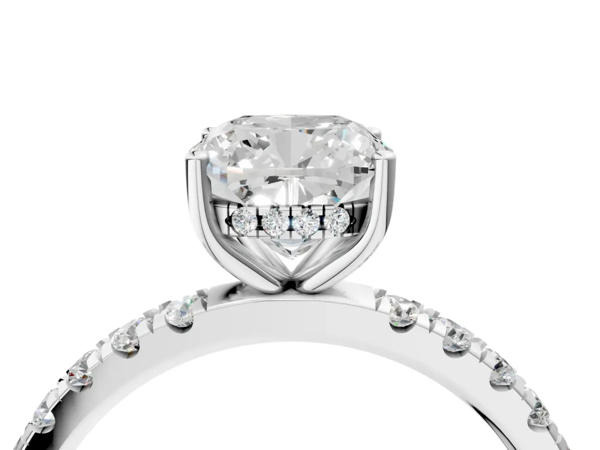 Cushion Cut Diamond Pave Band Solitaire Ring with Round and Prong Setting White gold