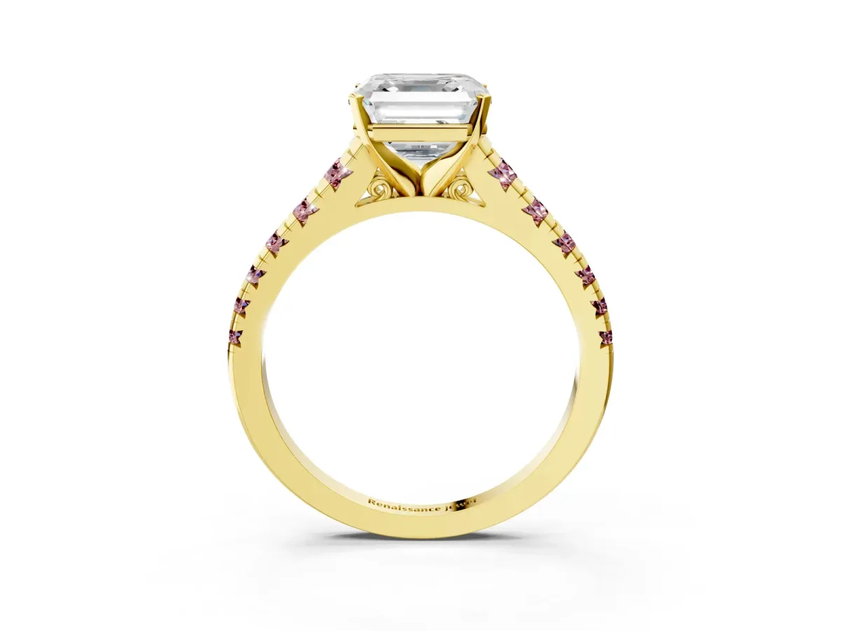 Asscher Cut Diamond Cathedral Solitaire Ring with Round Morganite Pavé Band Yellow gold