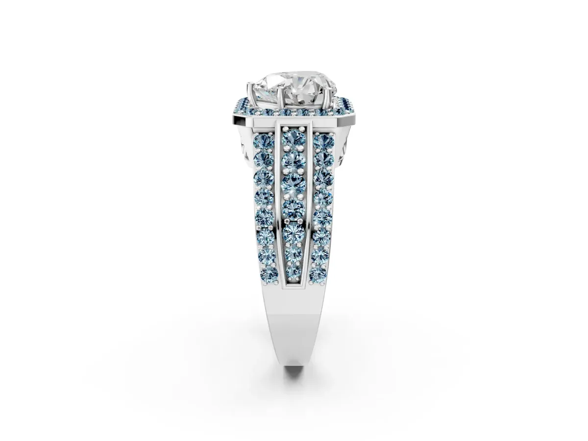 Heart Cut Halo Diamond Ring with Round Aquamarine Split Shank and Prong Setting Silver